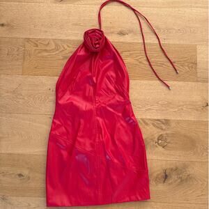 Ronny Kobo - Judi Faux leather Halter Mini Dress with Rose Detail in Crimson Red